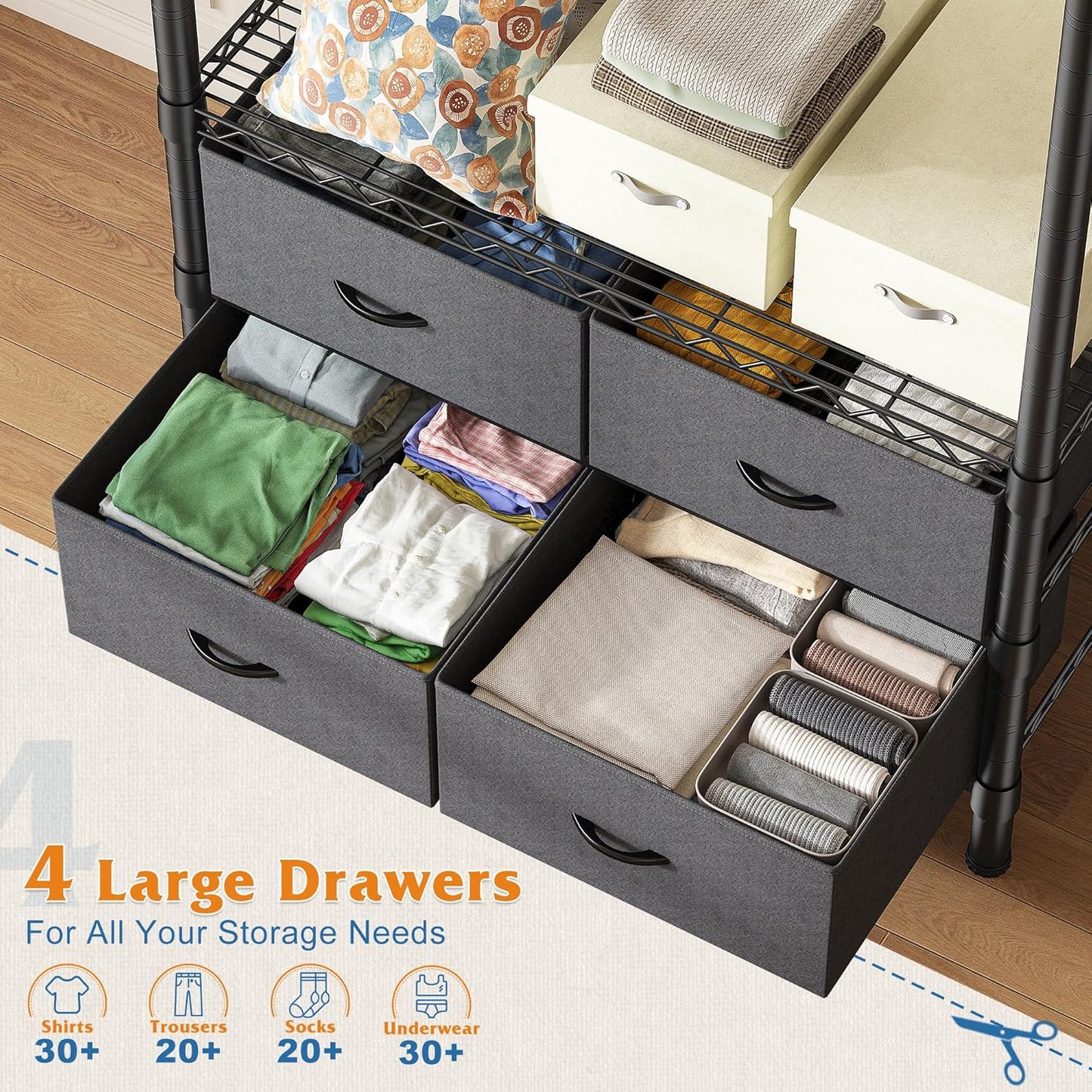 Raybee Clothing Rack Heavy Duty Clothes Rack for Hanging Clothes Adjustable Wardrobe Closet with 4 Drawers Freestanding Garment Rack for Extra Closet Space, Black